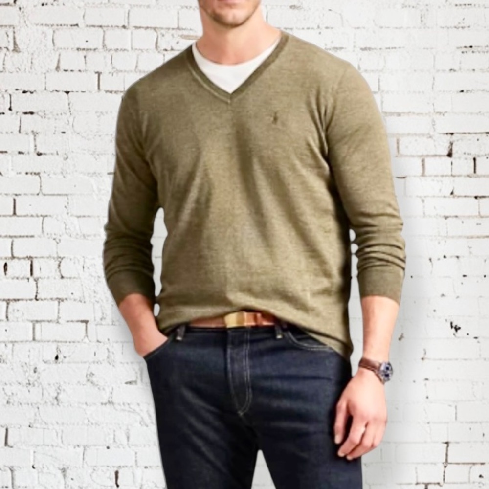 Polo Ralph Lauren V-Neck Pima Cotton Olive Green Knit Pullover Sweater